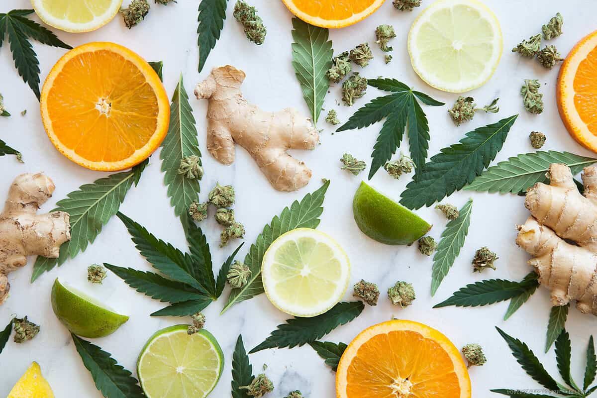 citrus, ginger root and cannabis leaves