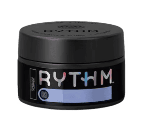 Black container of cannabis flower by RYTHM.