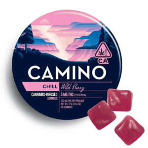 Camino Chill 'Wild Berry' THC gummies in a round tin with three gummies next to package.