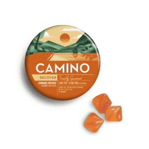 Camino Fully Squeezed THC gummies in a round orange tin with three gummies next to package.