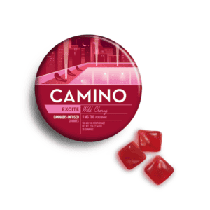 Camino Excite 'Wild Cherry' THC gummies in a round tin with three gummies next to package.