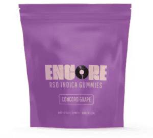 Purple package of Encore's RSO indica gummies.