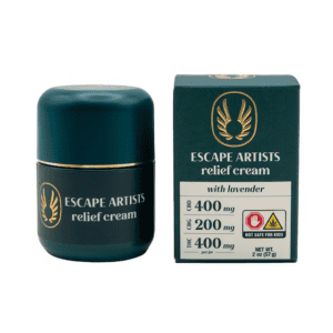 Teal container of Escape Artists' THC topical cream.